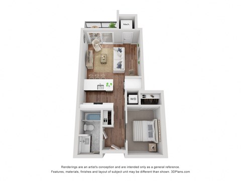 1 Bed, 1 Bath apartment at 656 Sq. Ft. From the entry door, to the left is the bedroom, followed by the dining area and kitchen, the living room, and the patio. From the entry door, to the right is the bedroom, followed by the bedroom, the storage area, the living room, and the patio.